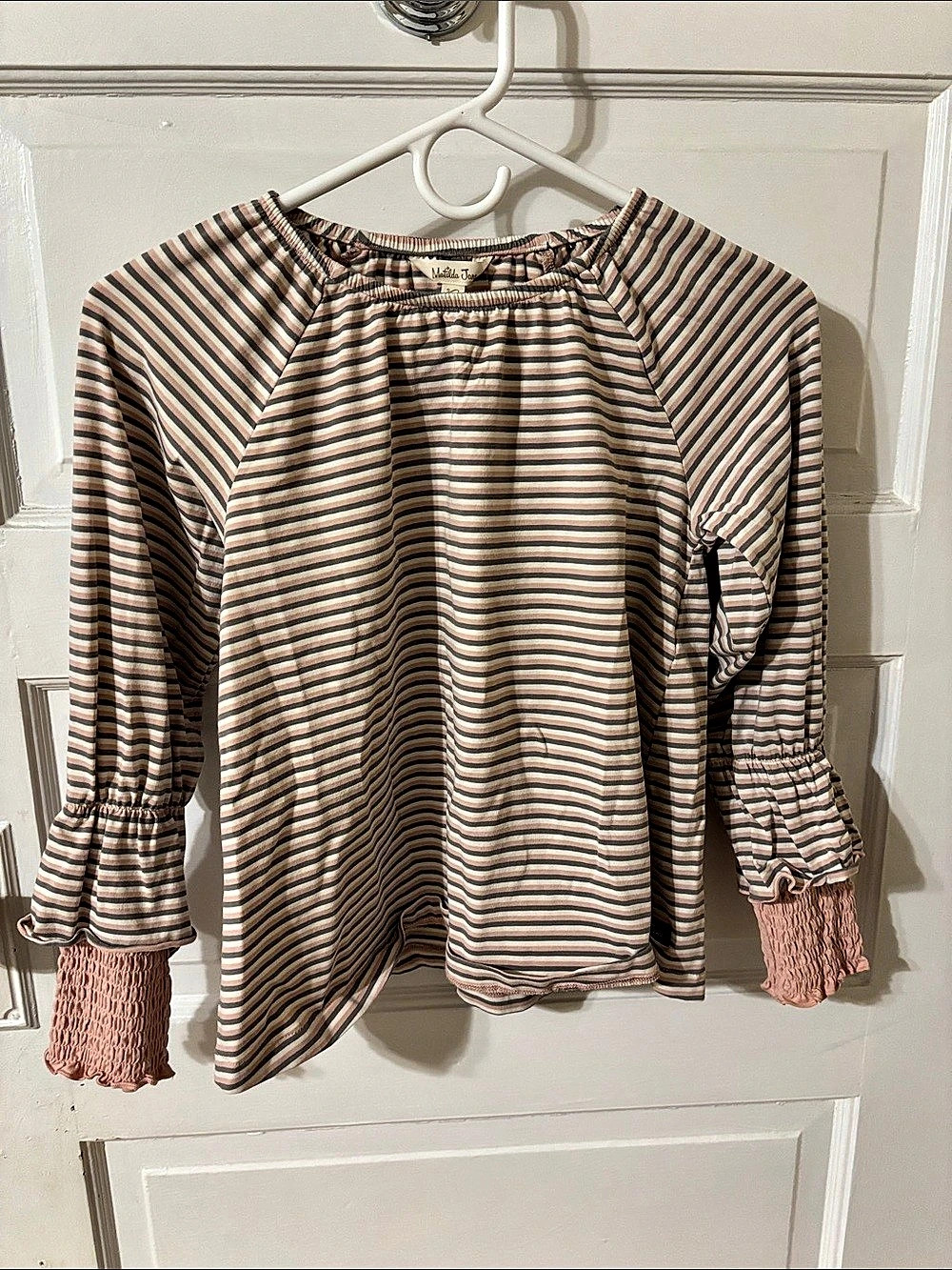 Matilda Jane Striped Ruffle Cuff Blouse in Pink & Brown Like New